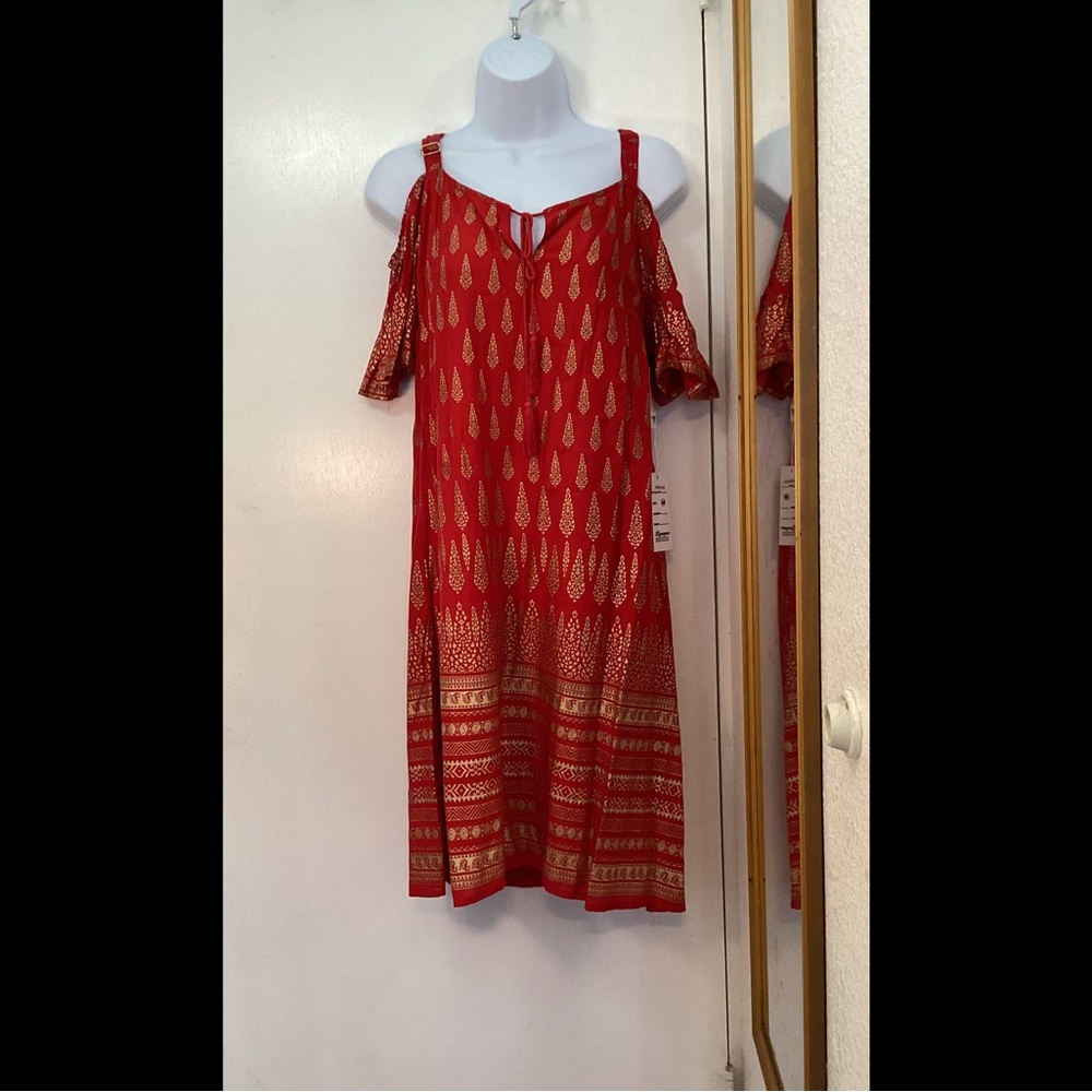 Brand New Red Cold Shoulder Dress with Gold Print